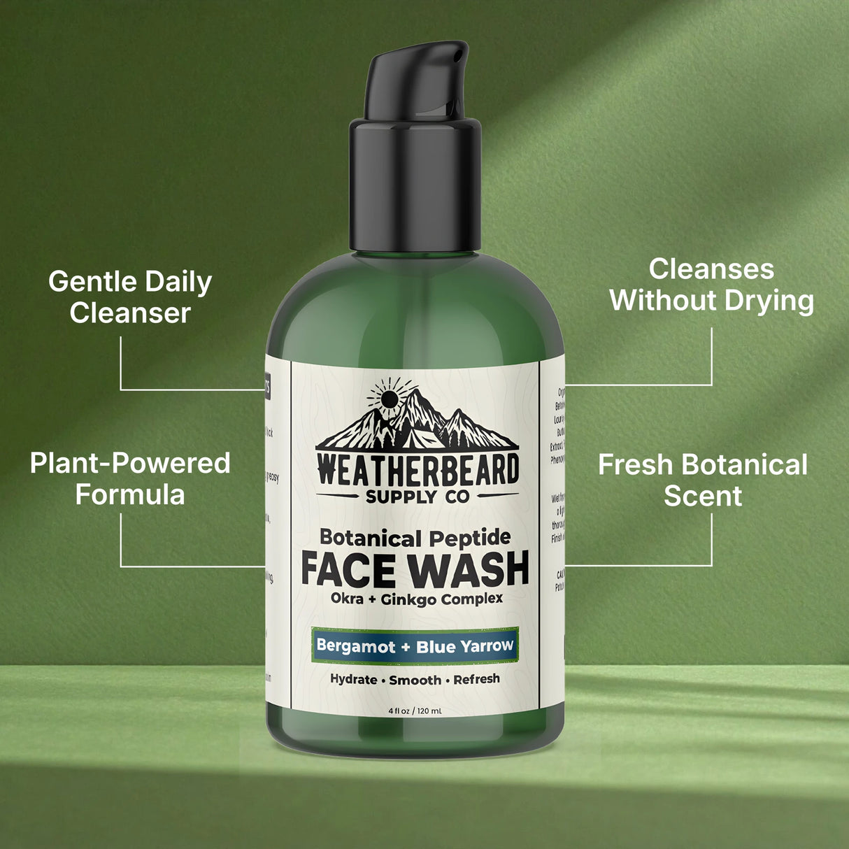 Bottle of Weatherbeard Supply Co's Botanical Peptide Face Wash against a green background with product benefits highlighted