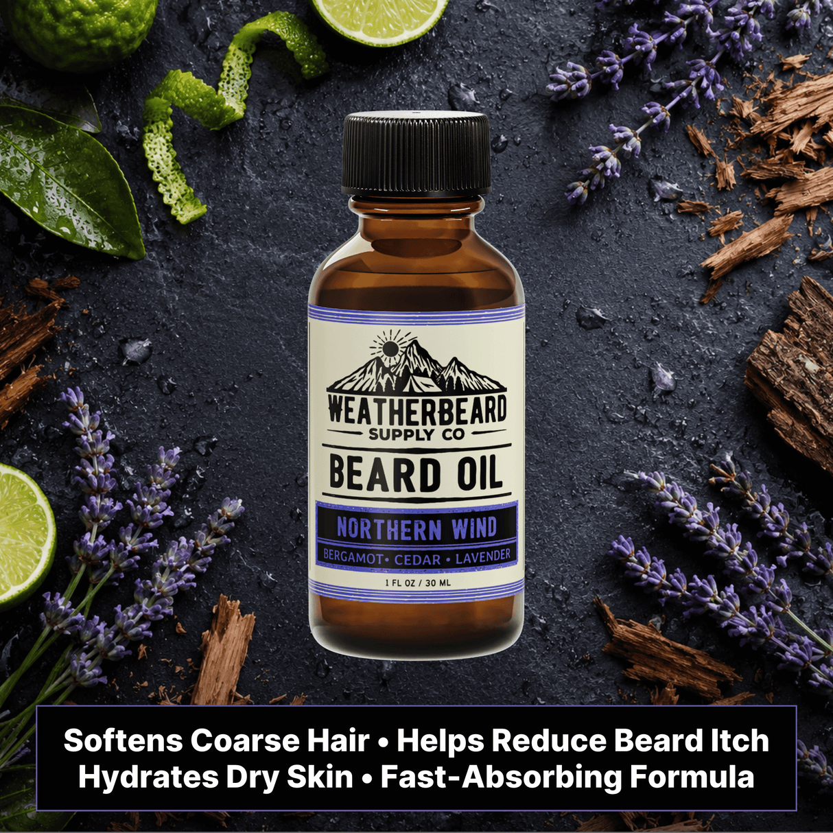 Bottle of Weatherbeard Supply Co. Northern Wind beard oil surrounded by lavender and bergamot on a dark background