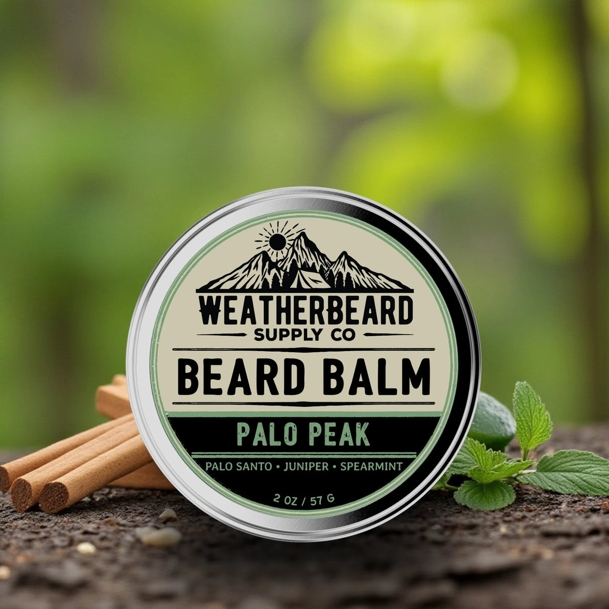 Beard balm container with 'Weatherbeard Supply Co' branding on a natural background.