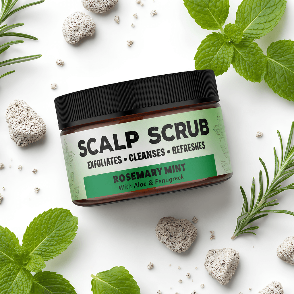 A jar of Scalp Scrub Rosemary Mint exfoliating scalp scrub, styled with fresh rosemary sprigs, mint leaves, and small pumice stones on a clean white background.