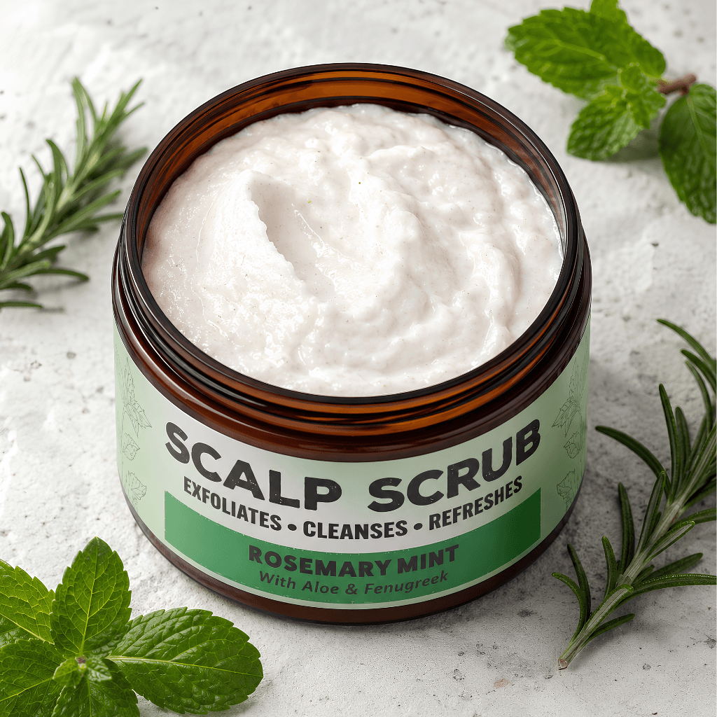 An open amber jar of scalp scrub with white cream inside, surrounded by mint leaves and rosemary sprigs on a light stone surface. The label reads 'SCALP SCRUB' and 'ROSEMARY MINT With Aloe & Fenugreek'.