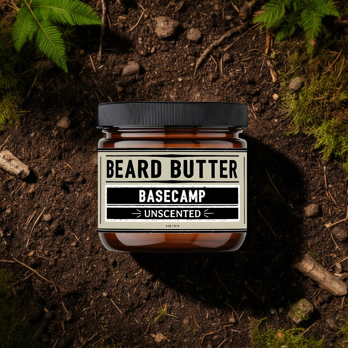 Jar of beard butter labeled 'BASECAMP' on a natural background
