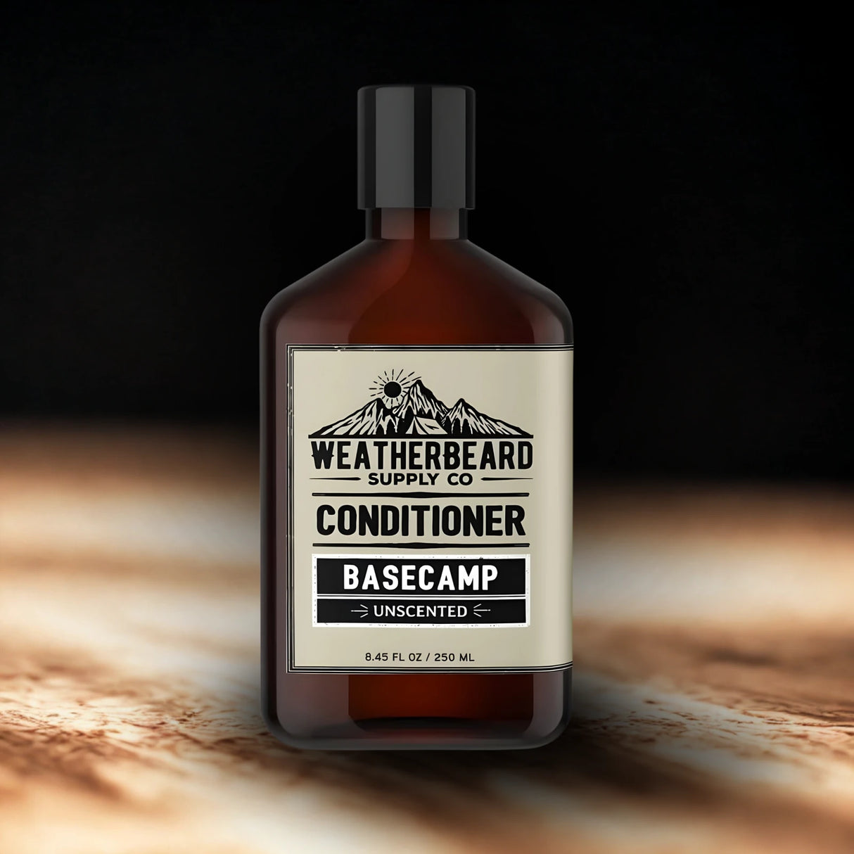 Bottle of Weatherbeard Supply Co. unscented beard conditioner with a mountain label on a dark background
