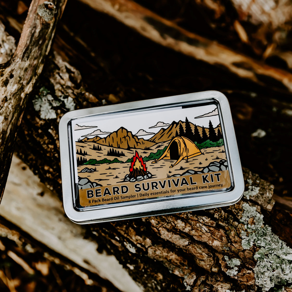 Weatherbeard Beard Oil Sample Kit displayed in nature