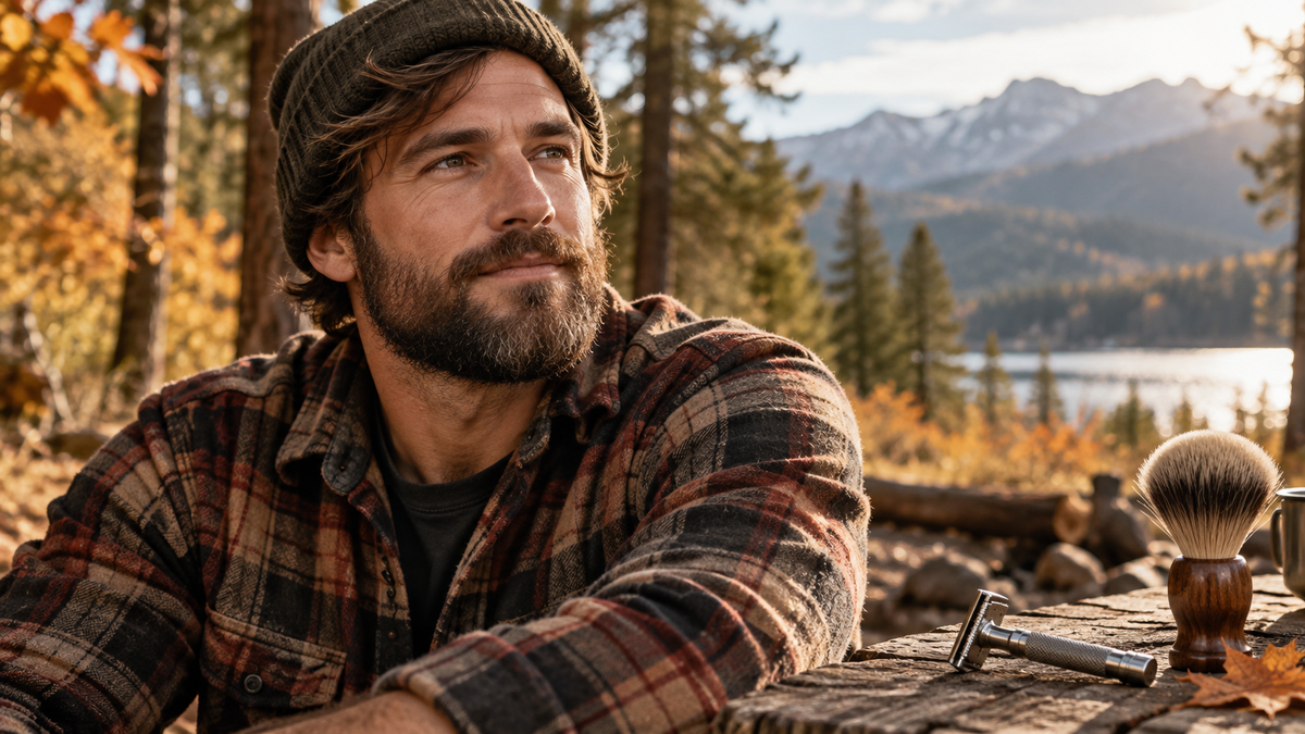 A bearded man sitting outside in nature looking off into the distance