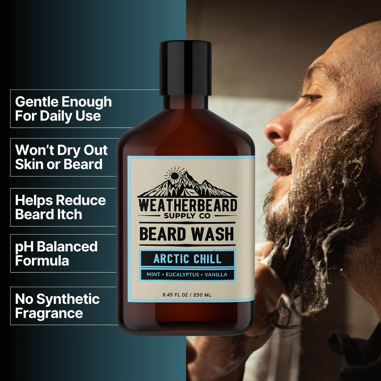 Bottle of Weatherbeard Supply Co's Arctic Chill Beard Wash with benefits listed
