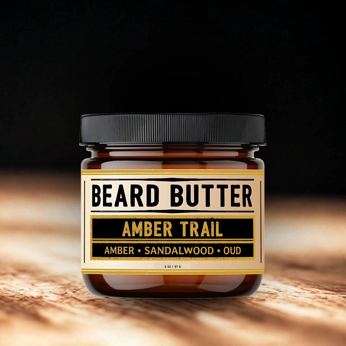 Jar of Beard Butter Amber Trail on a wooden surface with a dark background
