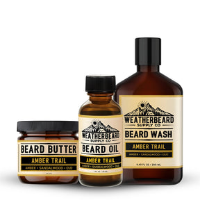 Weatherbeard Supply Co. Amber Trail Beard Oil, Beard Butter, and Beard Wash on a white background