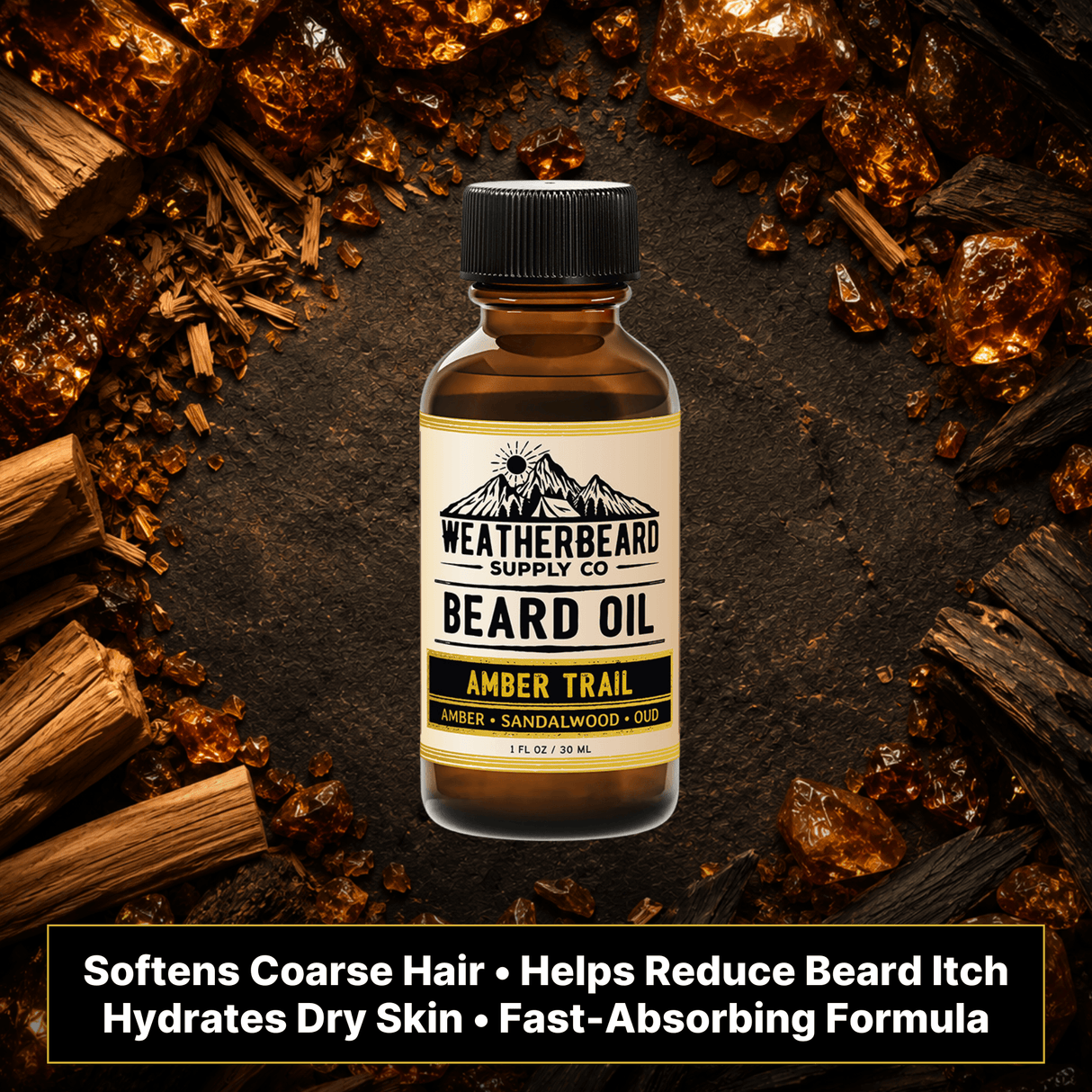 Bottle of Weatherbeard Supply Co. Amber Trail Beard Oil on a dark background with amber and sandalwood surrounding it