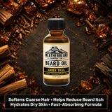 Bottle of Weatherbeard Supply Co. Amber Trail Beard Oil on a dark background with amber and sandalwood surrounding it