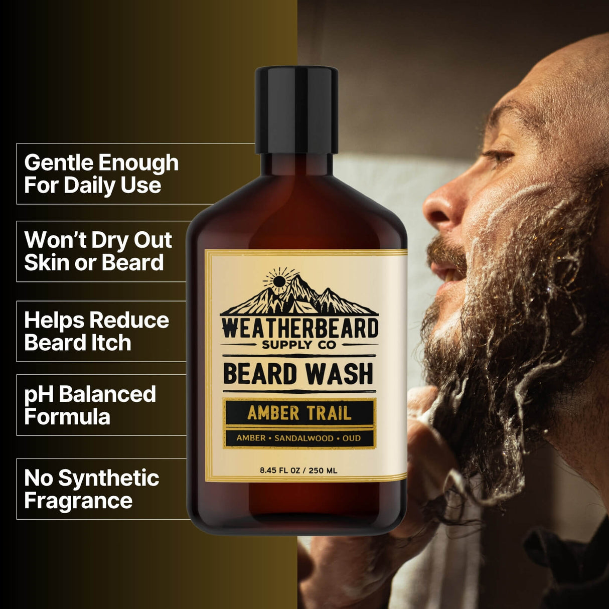Bottle of Weatherbeard Supply Co's Amber Trail Beard Wash with benefits listed beside it
