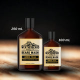 Two bottles of Weatherbeard Supply Co. Beard Wash on a wooden surface with a dark background.