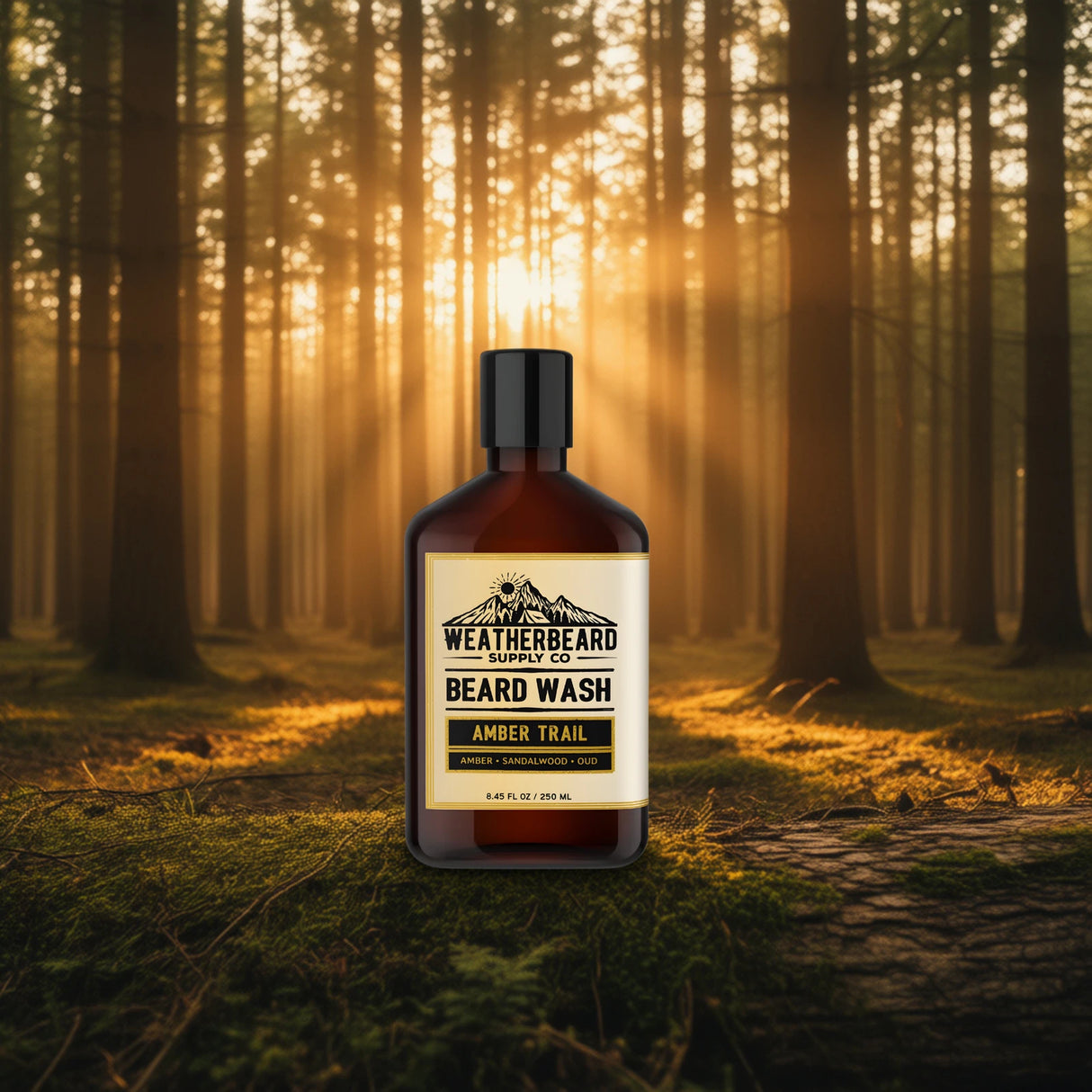 Bottle of Weatherbeard Co. Beard Wash in a forest setting with sunlight filtering through the trees.
