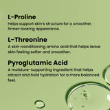 Text on a green background describing the benefits of L-Proline, L-Threonine, and Pyroglutamic Acid for skin care.