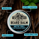 Weatherbeard Supply Co Arctic Chill beard balm container with features listed on a natural background.