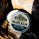 Tin of Weatherbeard Supply Co. Arctic Chill Beard Balm on a wooden surface