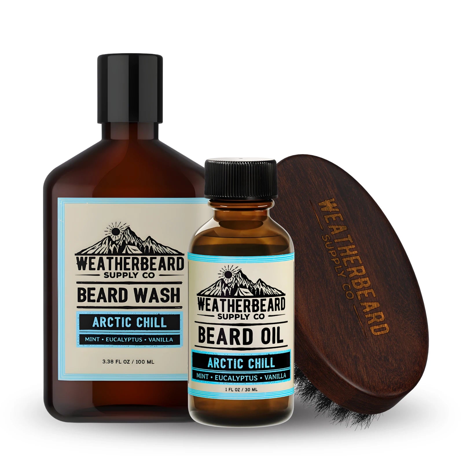 Weatherbeard Supply Co. beard care products including beard wash, beard oil, and boar's hair beard brush on a white background