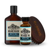 Weatherbeard Supply Co. beard care products including beard wash, beard oil, and boar's hair beard brush on a white background