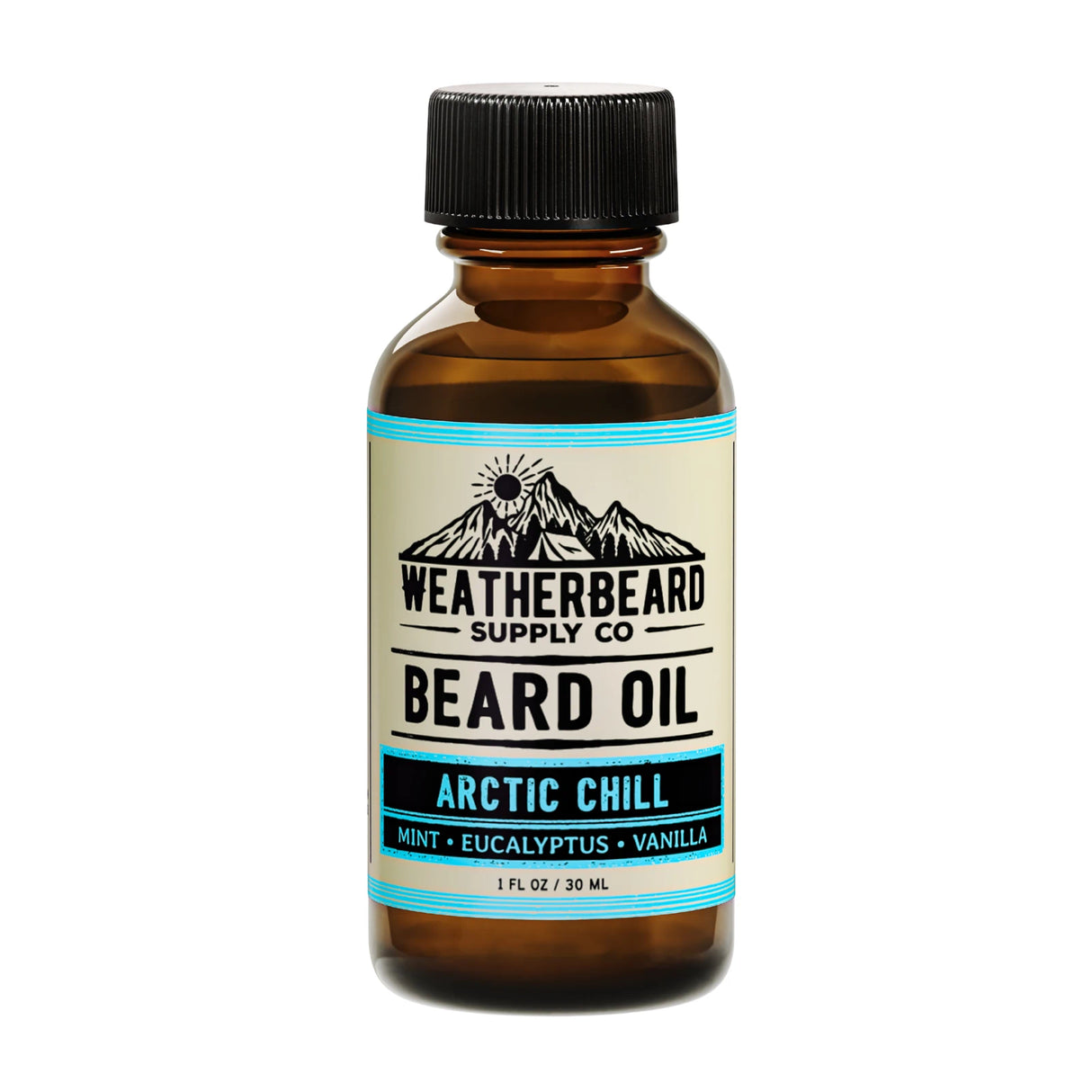 Bottle of Weatherbeard Supply Co. Arctic Chill beard oil on a white background
