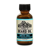 Bottle of Weatherbeard Supply Co. Arctic Chill beard oil on a white background