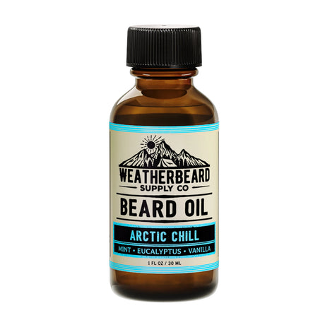 Bottle of Weatherbeard Supply Co. Arctic Chill beard oil on a white background