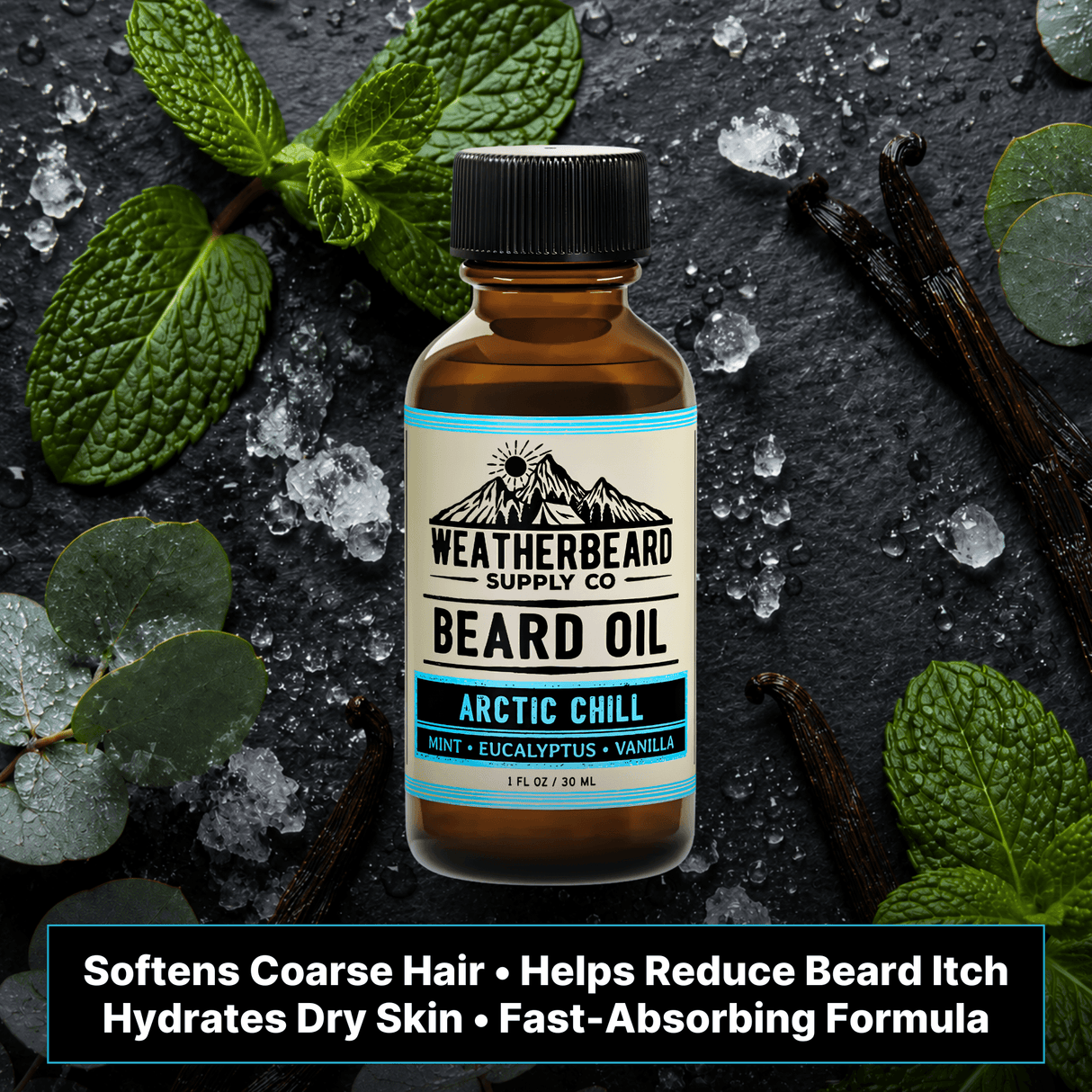 Bottle of Weatherbeard Supply Co. Arctic Chill Beard Oil with peppermint leaves and eucalyptus on a dark background