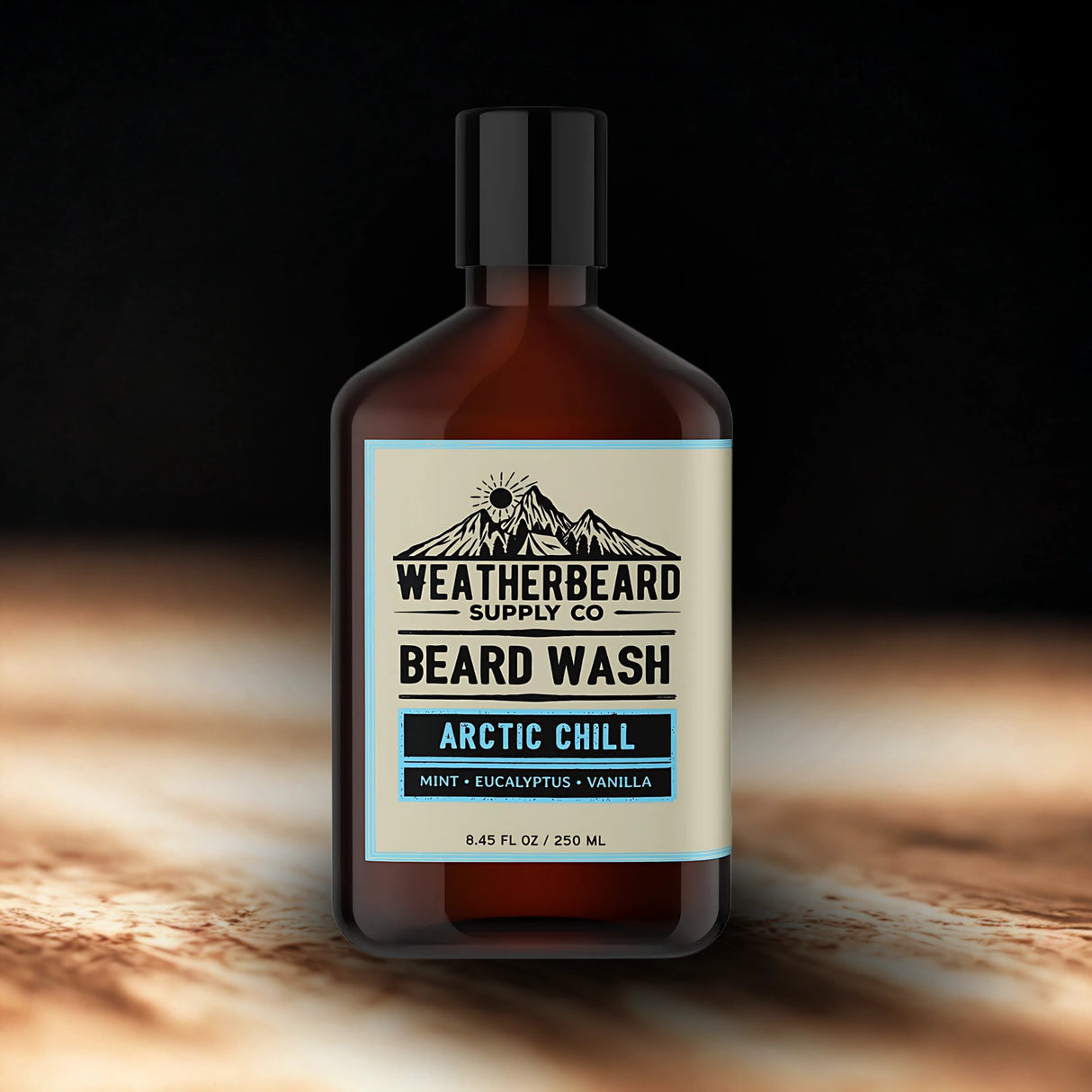 Bottle of Weatherbeard Supply Co. Arctic Chill beard wash on a dark background