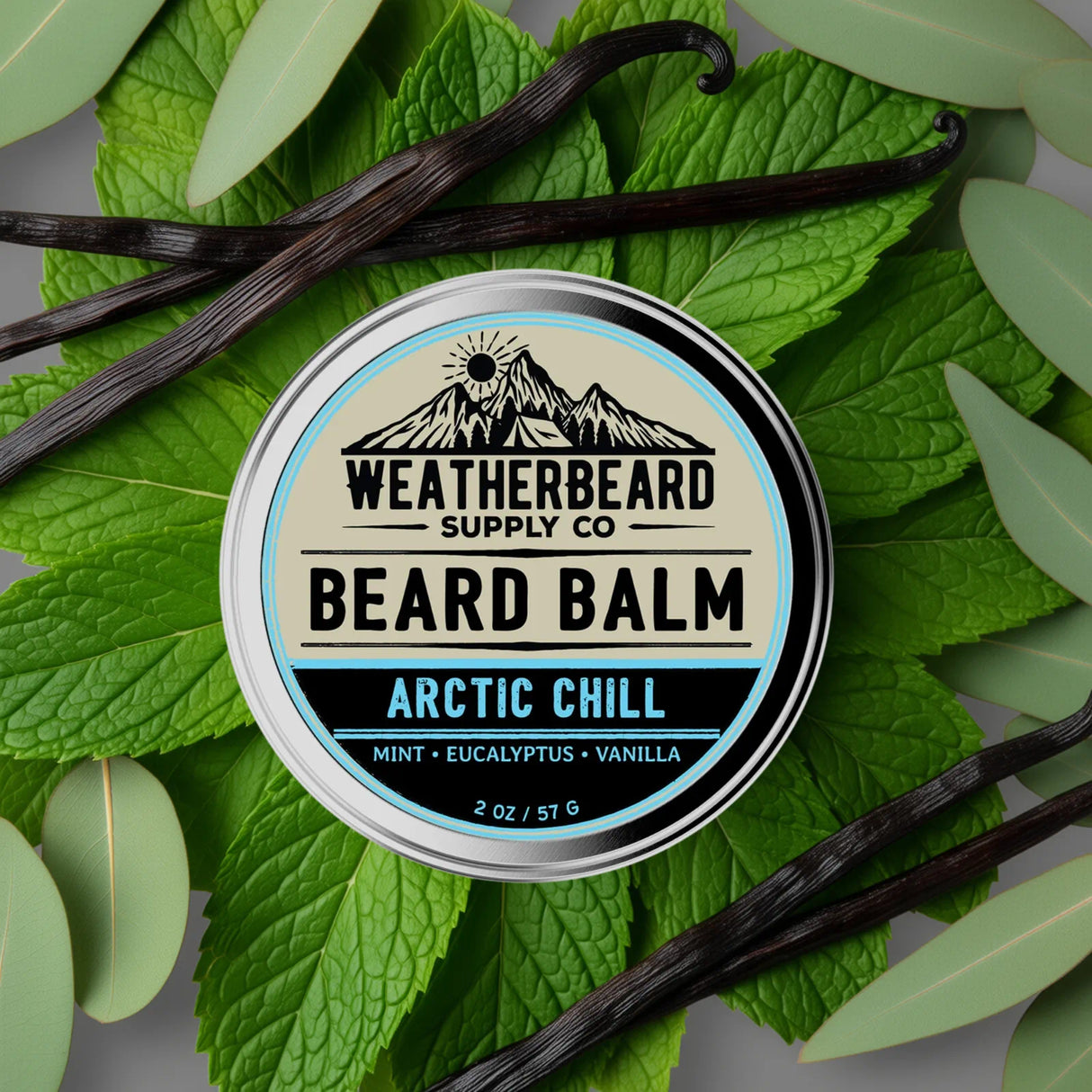 Weatherbeard Supply Co. Arctic Chill Beard Balm container on mint leaves with vanilla beans