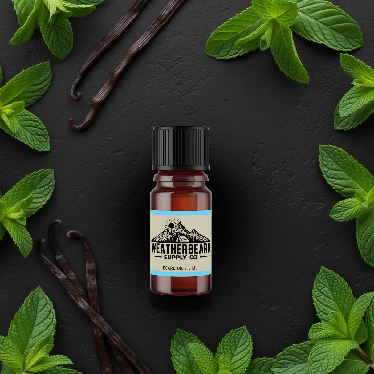Bottle of Weatherbeard Supply Co. Arctic Chill Beard Oil surrounded by peppermint leaves and vanilla beans