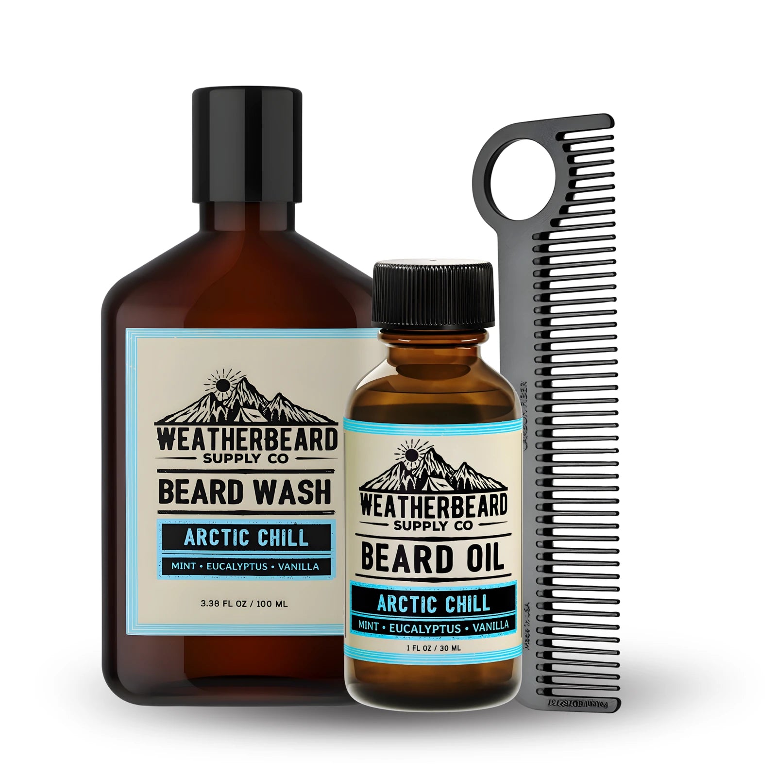 Weatherbeard Supply Co. Arctic Chill beard care kit with comb on a white background