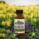 Bottle of Weatherbeard Supply Co's Backwoods Bloom Beard Oil in a field with honeysuckles
