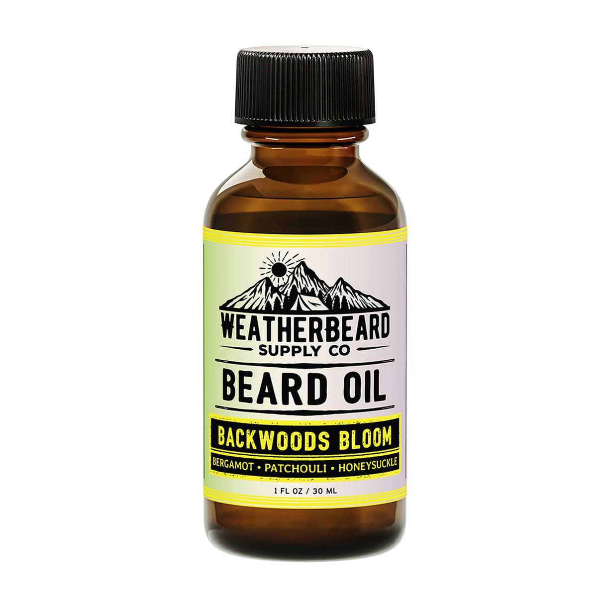 Bottle of Weatherbeard Supply Co's Backwoods Bloom Beard Oil Against A White Background