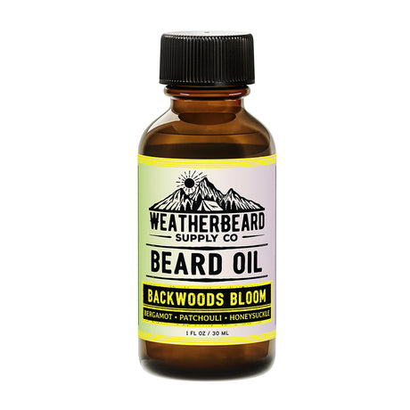 Bottle of Weatherbeard Supply Co's Backwoods Bloom Beard Oil Against A White Background