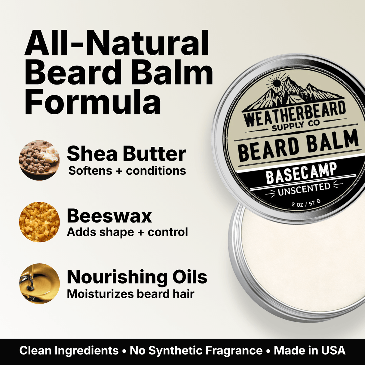 Weatherbeard Supply Co. Unscented Beard Balm container with ingredients listed on a beige background