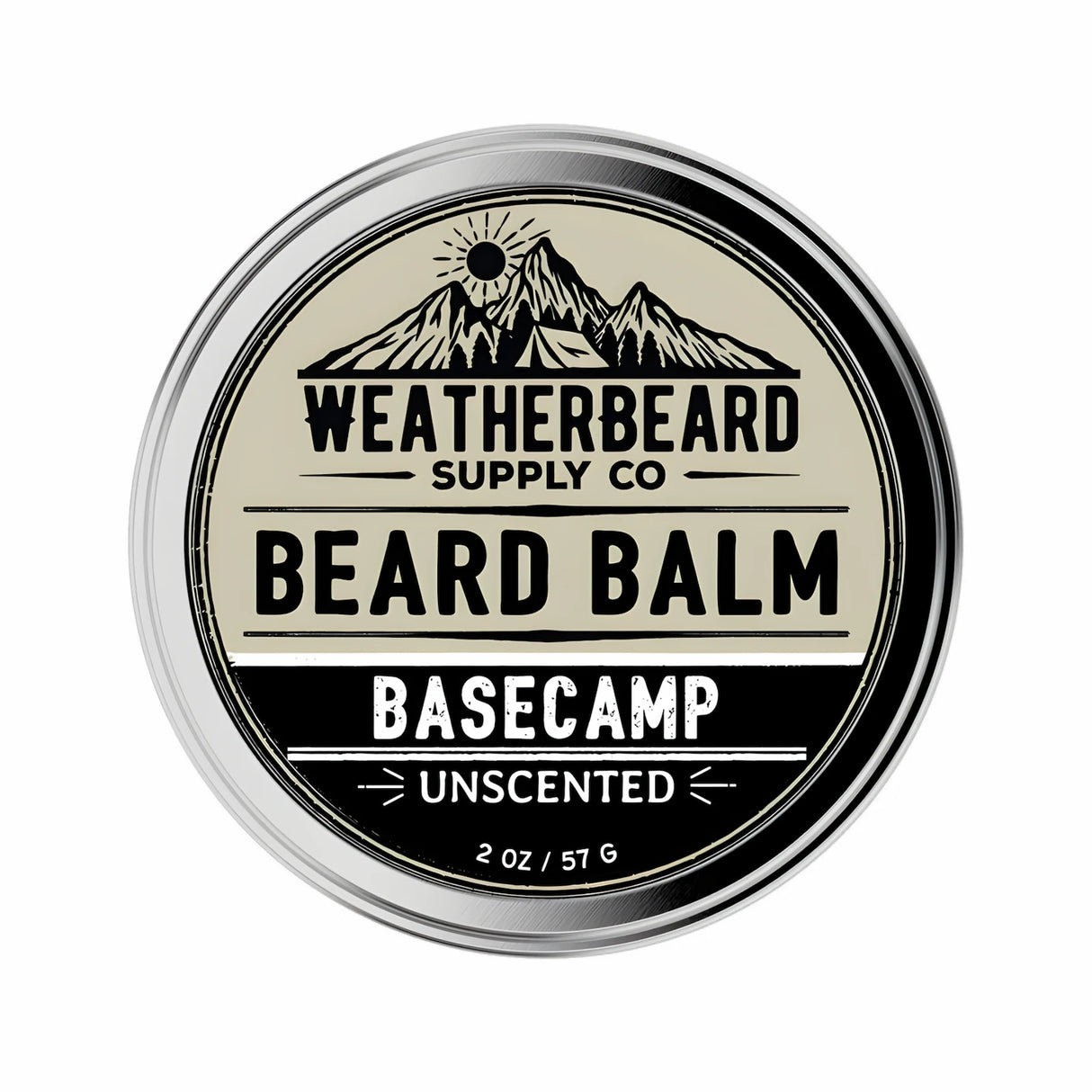 Weatherbeard Supply Co. Beard Balm container with mountain design on a white background
