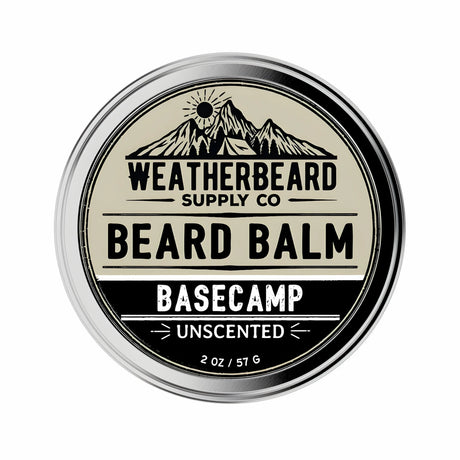 Weatherbeard Supply Co. Beard Balm container with mountain design on a white background