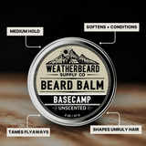 Weatherbeard Supply Co. Unscented 
Beard Balm container with features listed on a dark background