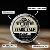 Weatherbeard Supply Co. Unscented Beard Balm container with features highlighted on a dark background