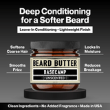 Jar of Basecamp Unscented Beard Butter with text highlighting its benefits on a dark background