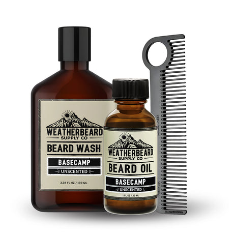 Weatherbeard Supply Co.unscented beard care kit with beard oil, wash, and comb on a white background