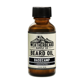 Bottle of Weatherbeard Supply Co. Basecamp Unscented beard oil on a white background