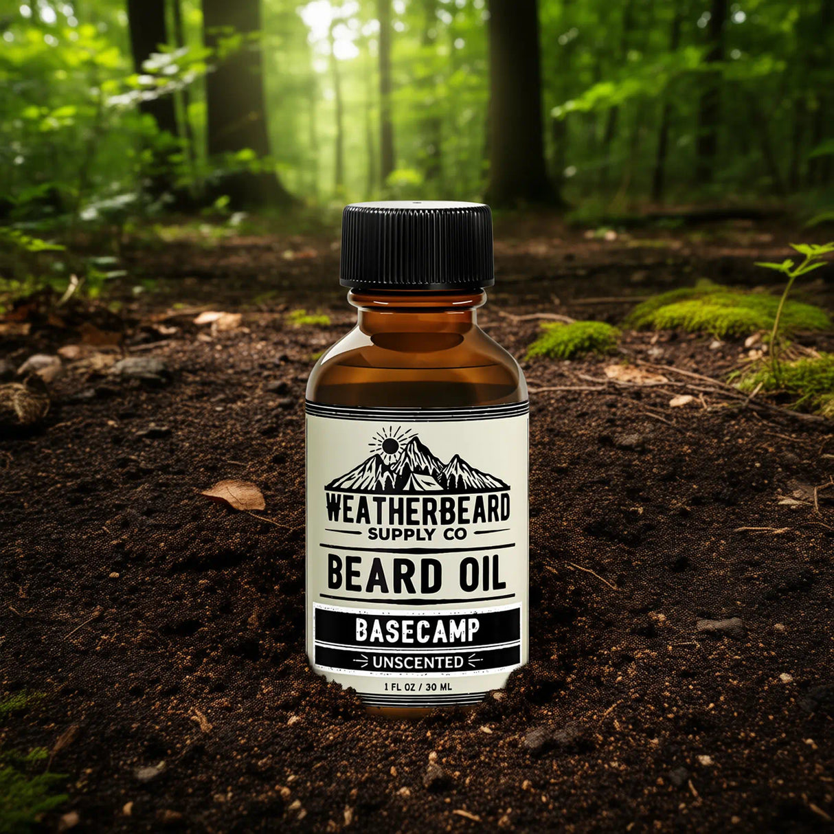 Bottle of Weatherbeard Supply Co. beard oil in a forest setting