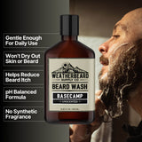 A bottle of Weatherbeard Supply Co's unscented beard wash with product benefits listed
