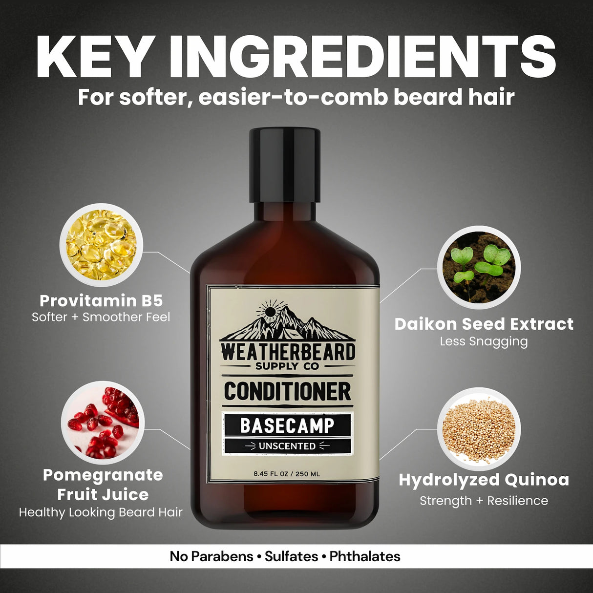 Bottle of Weatherbeard Supply Co. unscented beard conditioner with key ingredients displayed on a gray background