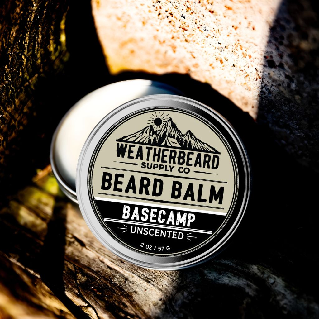 Tin of Weatherbeard Supply Co. Unscented Beard Balm on a wooden background
