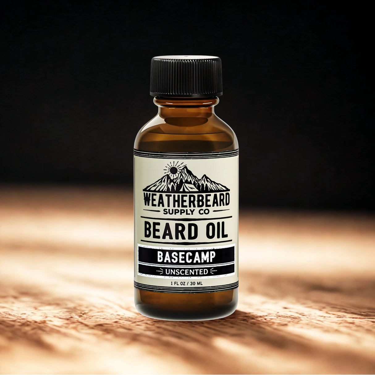 Bottle of Weatherbeard Supply Co unscented beard oil on a wooden surface with a dark background