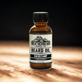Bottle of Weatherbeard Supply Co unscented beard oil on a wooden surface with a dark background
