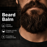 Close-up of a man with a beard and text about beard balm benefits.
