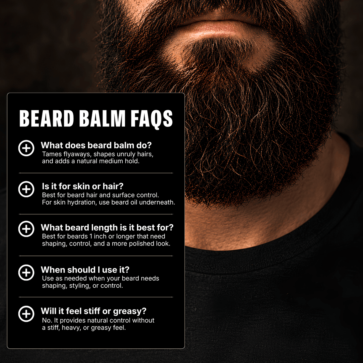 Close-up of a beard with text overlay about beard balm FAQs on a dark background