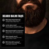 Close-up of a beard with text overlay about beard balm FAQs on a dark background